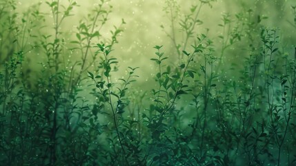 Poster - A close-up view of vibrant green foliage bathed in soft, early morning mist. The light filters through the leaves, creating a dreamy and ethereal atmosphere. The delicate green hues and the subtle blu