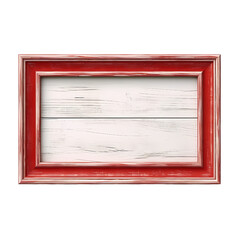 Red wooden frame with distressed white paint on a white wood background.