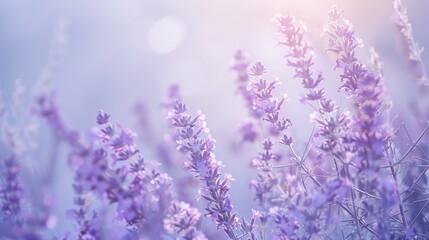 Wall Mural - A field of lavender flowers are in full bloom, bathed in the soft, warm light of the morning sun. The purple blossoms stand out against a pale blue sky, creating a peaceful and serene scene.