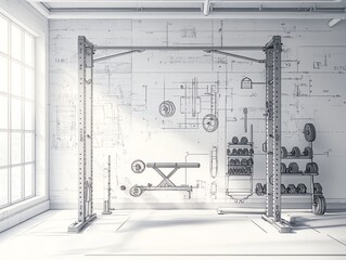 Artistic blueprint of a minimalist home gym, with functional equipment and a clean, organized layout Minimalist Functional, Home gym design