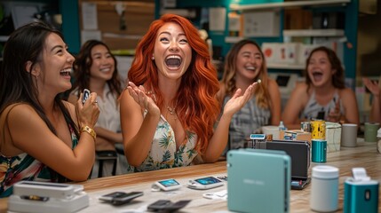 Poster - A group of women excitedly exploring a new tech gadget store They test out various devices while discussing the features and benefits Stock Photo with copy space