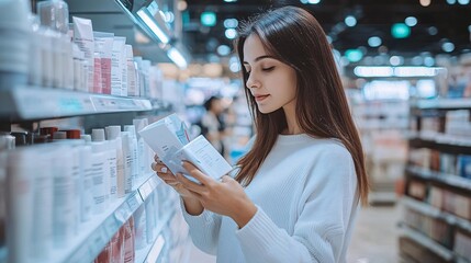 Aufkleber - A woman purchasing skincare products at a beauty store She carefully reads the labels and consults with a store assistant to find the perfect items Stock Photo with copy space