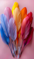 Wall Mural - A colorful array of feathers are arranged in a row. The feathers are of different colors, including blue, yellow, and red. The arrangement of the feathers creates a vibrant and lively atmosphere