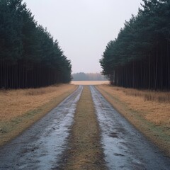 Poster - A wet dirt road through a forest on a foggy day.