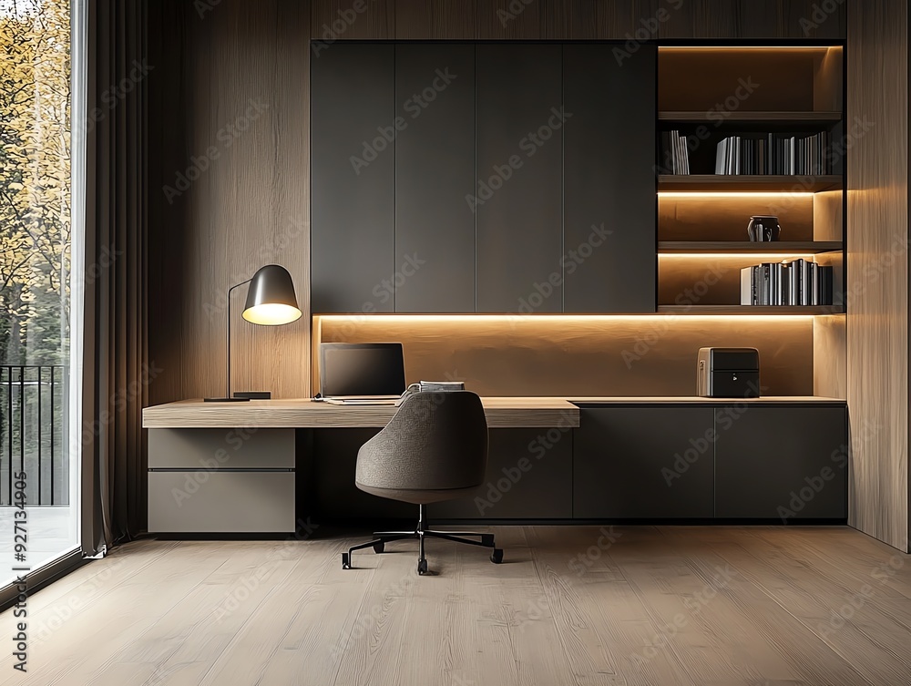 Minimalist home office with integrated storage solutions, maintaining a ...