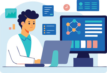 Poster - A scientist analyzes data on a computer, surrounded by research visuals and charts in a modern laboratory setting.