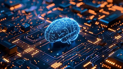 Poster - A blue digital brain floating on an intricate circuit board background, symbolizing artificial intelligence and technology.