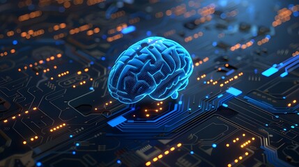 Poster - a blue digital brain floating on an intricate circuit board background, symbolizing artificial intel
