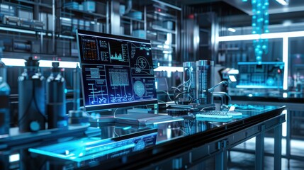 Poster - A modern laboratory workstation with a computer displaying data on its screen. The computer is positioned on a sleek black table with a glass top, and there are various scientific instruments and equi