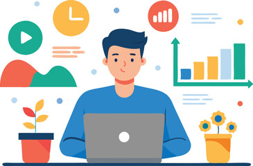 Poster - A young man focuses on his laptop while surrounded by colorful visual data representations and potted plants.