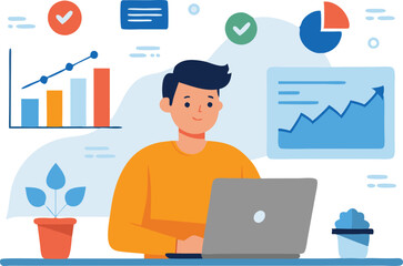 Poster - A young professional analyzes data on a laptop in a bright workspace with graphs and charts in the background.