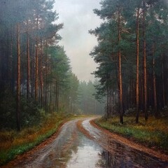 Poster - A winding dirt road through a misty forest.