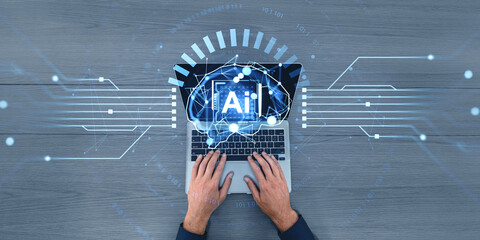 Poster - Man hands typing on laptop, digital AI brain hologram and machine learning