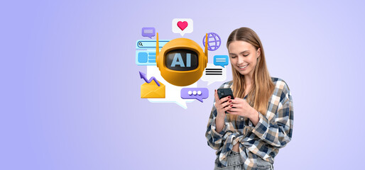 Poster - Woman using smartphone, robot with social media icons. Copy space