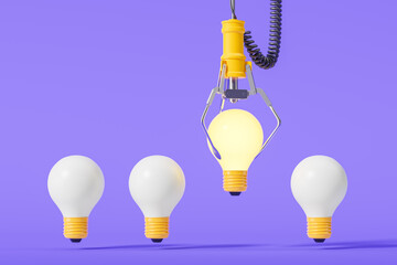 Poster - claw machine choosing a glowing light bulb among three unlit bulbs. 3d rendering