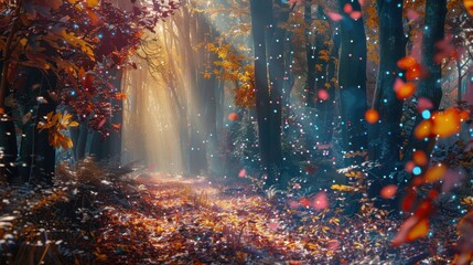 Aufkleber - A sunbeam pierces through a dense forest canopy, illuminating a path strewn with fallen leaves. The air shimmers with a magical glow as light refracts off the trees and countless particles float throu
