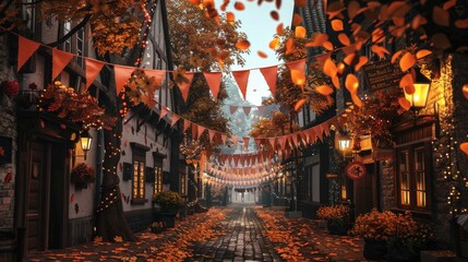 Poster - A picturesque cobblestone street lined with charming old buildings is illuminated by string lights and the warm glow of streetlamps. The buildings are adorned with fall foliage and orange pennants, wh