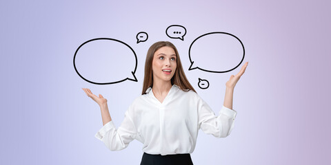 Poster - Woman with speech bubbles around, isolated on light background.