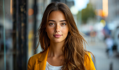 A woman with brown hair and a yellow jacket is standing in front of a window. She has a smile on her face and she is happy