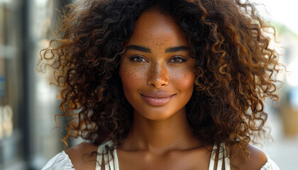 A woman with curly hair and a tan complexion is smiling at the camera. She has a light brown eye shadow and a dark brown eye