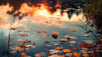 Poster - A close-up view of a pond surface, with fallen autumn leaves floating on the water. The setting sun is reflected in the water, creating a warm and inviting atmosphere. The leaves are scattered across 