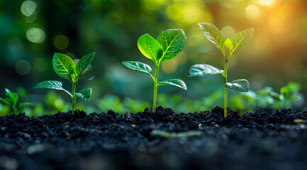 Wall Mural - Three small plants are growing in the dirt. The plants are green and appear to be sprouting from the ground. Concept of growth and new beginnings