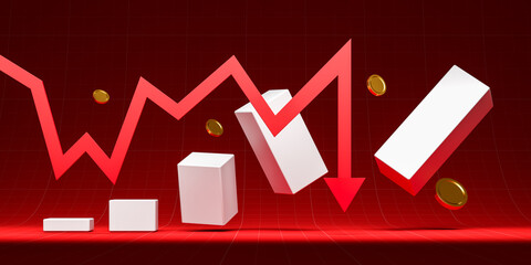 Poster - Red downward trend graph with falling blocks and coins. 3D Rendering