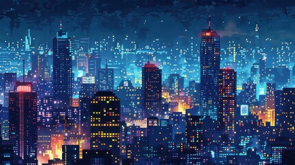 Aufkleber - A panoramic view of a bustling cityscape at night, showcasing a dense concentration of towering skyscrapers illuminated by countless twinkling lights. The urban landscape extends as far as the eye can