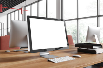 Poster - Office coworking interior with pc computer mockup display on table