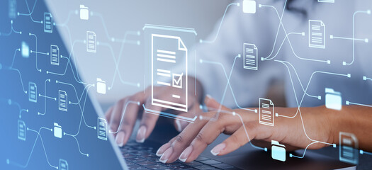 Poster - woman hands typing, document management system and files hologram