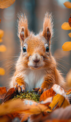 Wall Mural - A squirrel is standing on a pile of leaves and looking at the camera. The image has a warm and inviting mood, as the squirrel appears to be curious and friendly. The autumn leaves provide a natural