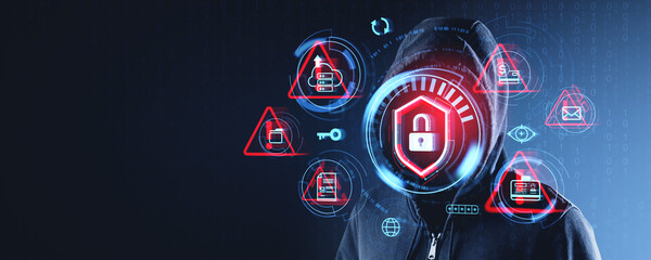 Poster - Cybersecurity concept with hooded figure and digital lock icons