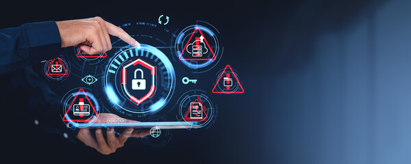 Poster - hand pointing at cybersecurity icons on a virtual interface with a tablet, dark background.