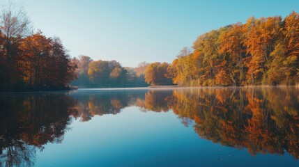 Aufkleber - A serene lake in a forest during the fall season. The trees on the banks have vibrant orange, yellow, and red leaves. The foliage is reflected perfectly in the calm water, creating a symmetrical, mirr