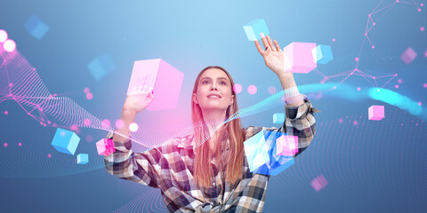 Poster - Businesswoman looking up at data blocks in cyberspace, virtual reality