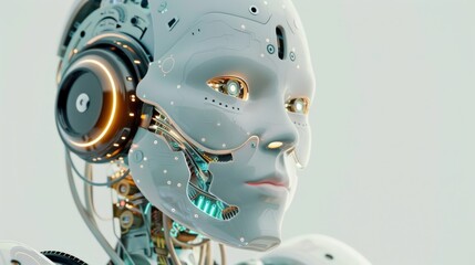 Fototapete - A detailed closeup of a female robot's face, showcasing its metallic white exterior, intricate mechanical parts, and glowing eyes. The robot's expression is calm and composed, with a hint of curiosity
