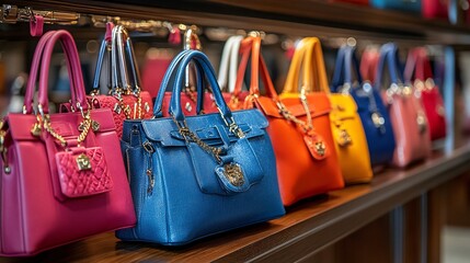 Aufkleber - A group of women shopping for luxury handbags at an exclusive boutique They try on different styles admiring the craftsmanship and design Stock Photo with copy space