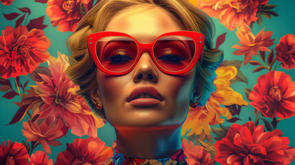 Wall Mural - Portrait of fashionable blonde woman female person with oversized red sunglasses on floral background in bright retro colors. Contemporary trendy stylish pop art in bold hues