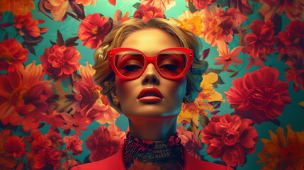 Wall Mural - portrait of fashionable blonde woman female person with oversized red sunglasses on floral backgroun