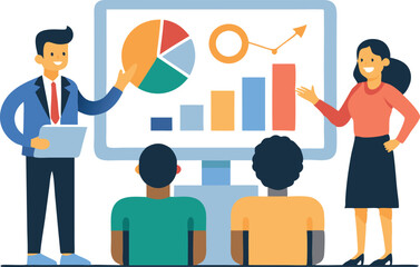 Poster - Two colleagues present data insights on a screen to an engaged audience in a bright office environment.