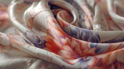 Poster - A close-up shot captures the delicate texture and intricate floral pattern of a silky fabric, its soft folds creating a swirling design. The fabric is light and airy, with a subtle shimmer that reflec