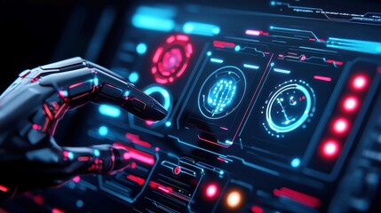 Poster - Futuristic holographic display interface, sleek design with vibrant colors, interactive elements, seamlessly integrating technology into everyday life, showcasing advanced user engagement.