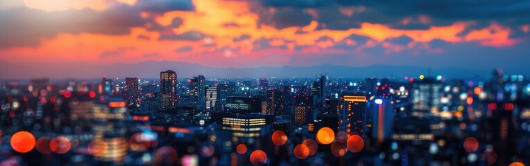 Aufkleber - A panoramic view of a city at sunset, with the foreground blurred to create bokeh effect. The sky is ablaze with orange and red hues, while the cityscape is a tapestry of glowing lights. Tall skyscrap