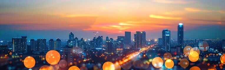 Aufkleber - A panoramic view of a city skyline at sunset. The sun is setting behind the tall buildings, casting a warm glow over the cityscape. The image is shot from a high vantage point, and the bokeh effect ad