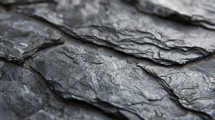 Poster - A close-up shot reveals the intricate texture of grey slate rock, showcasing its layered, uneven surface. The natural formation creates a visually appealing pattern of deep grooves and crevices, highl