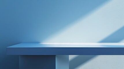 Poster - A white shelf is placed against a light blue wall. Sunlight streams in from the right side of the image, casting a long shadow on the wall and the shelf.