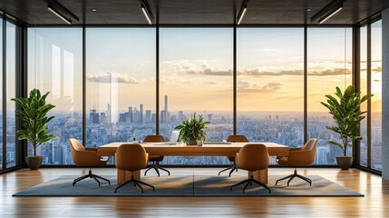 Poster - A modern executive office with an expansive city view from high above The minimalist interior and sleek furniture create a space of calm focus and strategic vision Stock Photo with copy space