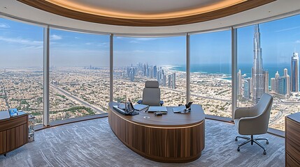Aufkleber - A modern executive office with an expansive city view from high above The minimalist interior and sleek furniture create a space of calm focus and strategic vision Stock Photo with copy space