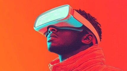 Poster - Virtual Explorer, a young Black man immersed in an engaging virtual reality experience, surrounded by vibrant digital landscapes and futuristic elements, showcasing innovation and adventure.