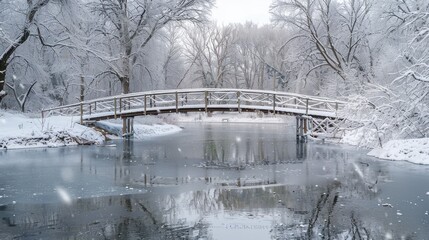 Aufkleber - A snow-covered wooden bridge spans a frozen lake, surrounded by snow-laden trees in a tranquil winter scene. Snowflakes fall gently, creating a picturesque and peaceful atmosphere.